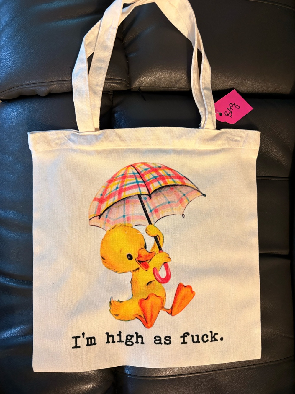 Canvas Tote Bag with Yellow & Red duck “high as” Print